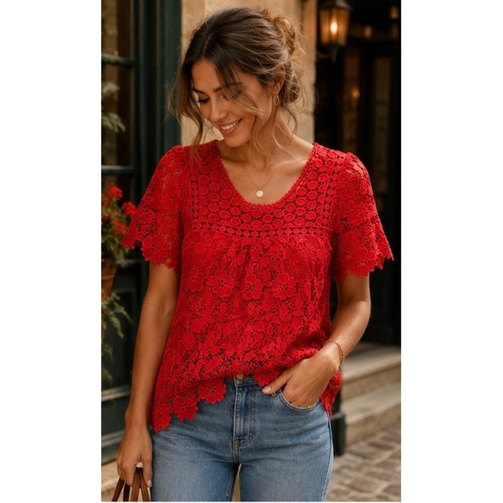 Anthropologie Vanessa Virginia Lace Floral Boho Whimsy Red Chic Feminine Sz 4